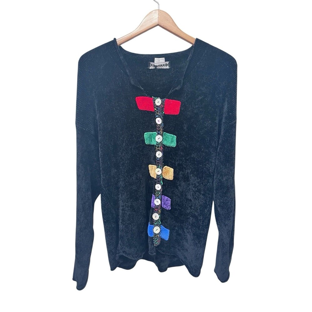 Ani Barrie Cardigan Button Down Velour Sweater Sz M Vintage Colorful Black